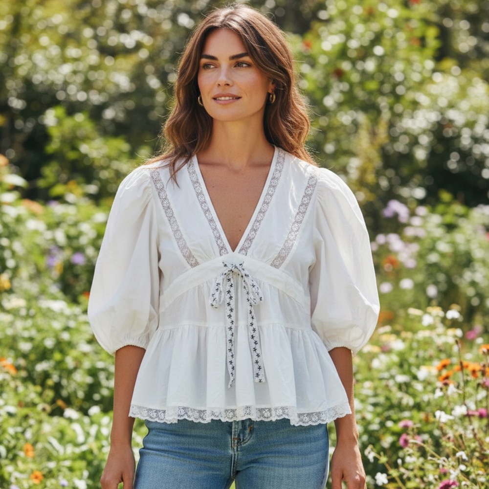 NIBI MTK Lace Ruffle White Blouse Top